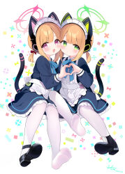 Rule 34 | 2girls, absurdres, animal ear headphones, animal ears, apron, black dress, black footwear, blonde hair, blue archive, blush, cat tail, closed mouth, dated, dot mouth, dress, fake animal ears, frilled apron, frills, green eyes, green halo, halo, headphones, heart, heart hands, heart hands duo, highres, long sleeves, maid apron, midori (blue archive), midori (maid) (blue archive), momoi (blue archive), momoi (maid) (blue archive), multiple girls, official alternate costume, open mouth, pantyhose, pink halo, red eyes, shoes, short hair, siblings, signature, single shoe, sisters, smile, tail, twins, v-shaped eyebrows, white apron, white pantyhose, zcx