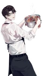 Rule 34 | 1boy, :d, apron, artem wing (tears of themis), black apron, black pants, blue eyes, brown hair, chef, clip studio paint (medium), collared shirt, food, highres, holding, looking at viewer, looking back, male focus, missedyellowhat, open mouth, pants, shirt, short hair, simple background, sleeves rolled up, smile, solo, soup, tears of themis, white background, white shirt