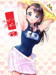 Rule 34 | 1girl, 2018, ^^^, armpits, arms up, blue eyes, brown hair, character name, collarbone, commentary request, cowboy shot, dated, gradient background, hair over shoulder, heart, heart background, idolmaster, idolmaster cinderella girls, jamu, kurihara nene, leaning forward, lips, long hair, looking at viewer, messy hair, miniskirt, name tag, one-piece swimsuit, open mouth, pleated skirt, purple one-piece swimsuit, purple school swimsuit, school swimsuit, shiny clothes, shiny skin, shirt, skirt, unworn skirt, solo, swept bangs, swimsuit, swimsuit under clothes, thighs, translation request, undressing, yellow shirt