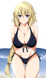 Rule 34 | 1girl, absurdres, alternate costume, bikini, black bikini, blonde hair, blue eyes, blush, braid, breasts, cleavage, closed mouth, collarbone, commentary request, fate/apocrypha, fate (series), front-tie top, hair between eyes, highres, isshii13, jeanne d&#039;arc (fate), jeanne d&#039;arc (ruler) (fate), large breasts, long hair, looking at viewer, navel, side-tie bikini bottom, smile, solo, stomach, swimsuit, very long hair