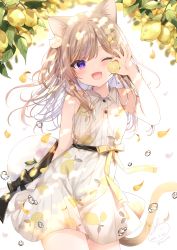 Rule 34 | 1girl, ;d, animal ears, arm behind back, bare arms, bare shoulders, black bow, blush, bow, brown hair, cat ears, cat girl, cat tail, collared dress, commentary request, dated, dress, fang, food, fruit, hand up, highres, holding, holding food, lemon, lemon slice, long hair, mafuyu (chibi21), multicolored hair, one eye closed, open mouth, original, petals, purple eyes, purple hair, simple background, sleeveless, sleeveless dress, smile, solo, streaked hair, tail, twitter username, white background, white dress, yellow bow