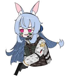 Rule 34 | 1girl, animal ear fluff, animal ears, arctic camouflage, black gloves, blue hair, buck teeth, camouflage, camouflage jacket, cropped torso, facepaint, gloves, gun, handgun, headset, holding, holding gun, holding weapon, indie virtual youtuber, jacket, load bearing vest, long hair, long sleeves, nanobites, open mouth, patch, rabbit ears, red eyes, shoulder patch, simple background, solo, teeth, trigger discipline, upper body, upper teeth only, virtual youtuber, weapon, white background, white jacket