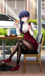 Rule 34 | 1girl, absurdres, black pantyhose, blue hair, blunt bangs, boku no kokoro no yabai yatsu, breasts, burger, car, chair, closed mouth, cup, dark blue hair, dated, disposable cup, dog, dress, drinking straw, food, french fries, full body, high heels, highres, holding, holding food, large breasts, long hair, looking at viewer, motor vehicle, nihility, on chair, panties, panties under pantyhose, pantyhose, red dress, red footwear, shoes, signature, sitting, solo, straight hair, sweater, sweater under dress, table, turtleneck, turtleneck sweater, underwear, upskirt, white panties, white sweater, window, yamada anna