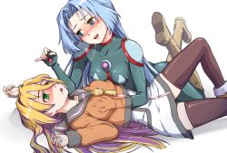 Rule 34 | 100 percent orange juice, 2girls, :d, blonde hair, blue hair, blush, bodysuit, boots, grabbing another&#039;s breast, brown legwear, cherry, commentary request, drooling, food, fruit, grabbing, green bodysuit, green eyes, hair between eyes, hair intakes, hand under clothes, knee boots, long hair, looking at another, lying, maritan (pixelmaritan), multicolored eyes, multiple girls, on back, open mouth, rainbow eyes, sailor collar, saliva, saliva trail, simple background, smile, sora (orange juice), star breaker (orange juice), suguri, thighhighs, very long hair, white background, yuri