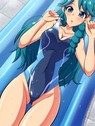 Rule 34 | 1girl, aokura shou, blue eyes, blue hair, competition swimsuit, go! princess precure, highres, inflatable raft, kaidou minami, long hair, lying, one-piece swimsuit, precure, swimsuit