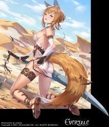Rule 34 | 1girl, animal ears, artist name, breasts, commentary request, company connection, copyright name, cuboon, dress, evertale, fox ears, fox tail, green eyes, hair bun, highres, light brown hair, looking at viewer, medium breasts, mysha, official art, open mouth, shiny skin, short dress, simple background, single hair bun, sleeveless, solo, sword, tail, thigh strap, thighs, torn clothes, weapon