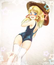 Rule 34 | 1girl, ass, bare shoulders, blonde hair, blue eyes, blush, embarrassed, flustered, from behind, full-face blush, hair ornament, hair ribbon, hand up, hat, kneepits, looking back, moriya suwako, nora wanko, nose blush, one-piece swimsuit, open mouth, red ribbon, ribbon, school swimsuit, short hair, skindentation, solo, star (symbol), sweatdrop, swimsuit, thighhighs, touhou, traditional media, white thighhighs