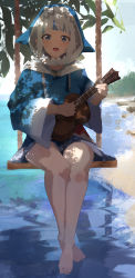 Rule 34 | 1girl, absurdres, animal costume, animal hood, barefoot, blue eyes, blue hair, blue hoodie, blunt bangs, fins, fish tail, gawr gura, grey hair, highres, holding, holding instrument, hololive, hololive english, hood, hoodie, instrument, long sleeves, looking at viewer, medium hair, multicolored hair, music, no pants, ocean, open mouth, playing instrument, shark costume, shark hood, shore, smile, solo, streaked hair, swing, tail, ukulele, virgo76612871, virtual youtuber, wide sleeves