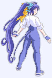Rule 34 | 1girl, ass, blue background, blue eyes, blue hair, blush, full body, gomamiso (gomamiso sp), long hair, matching hair/eyes, miwajou, original, outline, simple background, skin tight, sleeves rolled up, solo, standing, tail, very long hair, white outline
