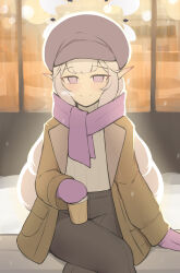 Rule 34 | 1girl, absurdres, alternate costume, blu berry, blue archive, blush, breath, brown coat, casual, coat, crossed legs, enpera, grey hair, halo, highres, himari (blue archive), mittens, mole, mole under eye, outdoors, pointy ears, purple eyes, purple mittens, purple scarf, scarf, sitting, smile, solo, sweater, white sweater
