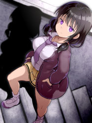 Rule 34 | 1girl, absurdres, alternate breast size, black hair, breasts, buttons, cardigan, closed mouth, collared shirt, commentary request, expressionless, hands in pockets, highres, large breasts, long hair, long sleeves, low twintails, miniskirt, necktie, open cardigan, open clothes, pleated skirt, purple cardigan, purple necktie, school uniform, shadow, shirt, shirt tucked in, shoes, skirt, socks, solo, stairs, tamura yuri, tomato cyuki, twintails, uwabaki, walking, watashi ga motenai no wa dou kangaetemo omaera ga warui!, white footwear, white shirt, white socks, yellow skirt