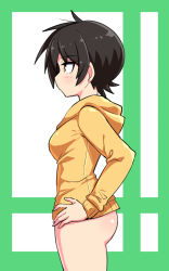 Rule 34 | 1girl, ass, black hair, blush, breasts, closed mouth, commentary, cougar (cougar1404), cowboy shot, from side, hood, hood down, hoodie, long sleeves, nari (cougar1404), no pants, original, short hair, solo, standing, yellow eyes, yellow hoodie