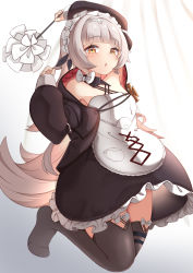 Rule 34 | 1girl, absurdres, apron, arm up, azur lane, bare shoulders, beret, black hat, black jacket, black skirt, black thighhighs, blush, brown eyes, commentary request, duster, frilled skirt, frills, grey hair, hand up, hat, headpiece, highres, holding, jacket, long hair, long sleeves, looking at viewer, moyoron, official alternate costume, parted lips, puffy long sleeves, puffy sleeves, skirt, solo, standing, standing on one leg, thighhighs, tilted headwear, very long hair, waist apron, white apron, z46 (azur lane), z46 (chronicles of the dust wars) (azur lane)