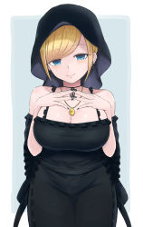 Rule 34 | 1girl, absurdres, alice (shinigami bocchan to kuro maid), bare shoulders, black dress, black nails, black sleeves, blonde hair, blue eyes, blush, breasts, cleavage, closed mouth, collarbone, commentary request, cross, cross earrings, detached sleeves, dress, earrings, fingernails, fingers together, frilled dress, frills, green background, head tilt, highres, jewelry, large breasts, looking at viewer, nail polish, shinigami bocchan to kuro maid, sidelocks, sleeveless, sleeveless dress, smile, solo, temari rin, two-tone background, veil, white background, wide sleeves
