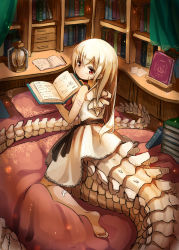 Rule 34 | 159cm, 1girl, bandaid, bandaid on arm, bandaid on cheek, bandaid on face, bandaid on leg, barefoot, black sash, book, bookshelf, cabinet, closed mouth, curtains, dot nose, dress, from behind, from side, holding, holding book, long hair, long tail, looking at viewer, looking back, mail-chan (159cm), nib pen (object), on pillow, open book, original, pen, reading, red eyes, sash, skeletal tail, soles, solo, tail, very long tail, white dress, white hair