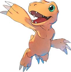 Rule 34 | agumon, airborne, arm up, claws, creature, digimon, digimon (creature), digimon survive, full body, green eyes, lowres, no humans, official art, open mouth, reptile, shiny skin, smile, solo, tail, teeth, tongue, transparent background, ukumo uichi