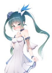 Rule 34 | 1girl, bad id, bad pixiv id, bare shoulders, blush, breast suppress, breasts, clothes lift, detached sleeves, dress, embarrassed, feathers, frown, giryu, green eyes, green hair, hair ribbon, hand on own chest, hatsune miku, jewelry, long hair, looking at viewer, medium breasts, necklace, off-shoulder dress, off shoulder, ribbon, scrunchie, see-through, skirt, skirt lift, solo, twintails, vocaloid, white background, white dress