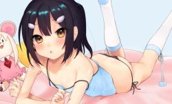 Rule 34 | 1girl, ass, black hair, black panties, blue background, blue camisole, blush, brown eyes, camisole, fate/kaleid liner prisma illya, fate (series), flat chest, hair ornament, looking at viewer, lying, miyu edelfelt, off shoulder, on stomach, panties, pom pom (clothes), simple background, solo, string panties, symbol-only commentary, takio (kani sama), underwear, white legwear