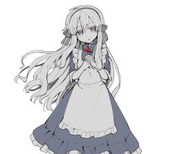 Rule 34 | 1girl, absurdres, apron, blue dress, bow, colored eyelashes, dress, flower, frilled dress, frills, hair bow, highres, holding, holding flower, kagerou project, kanazuki, kozakura marry, long hair, long sleeves, looking at viewer, muted color, parted lips, pink bow, pink eyes, red flower, solo, very long hair, white apron, white hair, wilted flower