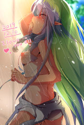 Rule 34 | 1girl, ameth (princess connect!), aono (f i s), ass, bad id, bad pixiv id, blurry, blurry background, blush, breasts, clothes pull, commentary request, dated, depth of field, english text, eyes visible through hair, from side, green hair, heart, highres, long hair, medium breasts, multicolored hair, nipples, one-piece swimsuit, one-piece swimsuit pull, open mouth, pointy ears, princess connect!, profile, purple hair, school swimsuit, showering, solo, swimsuit, tan, tanline, topless, two-tone hair, very long hair, water, wet, white one-piece swimsuit