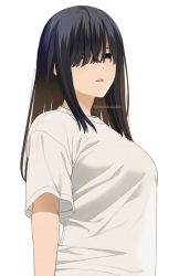 Rule 34 | 1girl, artist name, black hair, hair over eyes, long hair, looking at viewer, mattaku mousuke, open mouth, original, shirt, simple background, solo, t-shirt, upper body, watermark, white background