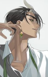 Rule 34 | 1boy, absurdres, adam&#039;s apple, aragami oga, black hair, collared shirt, dangle earrings, dark-skinned male, dark skin, diamond earrings, earrings, eyepatch, green eyes, green necktie, hair over one eye, hand up, highres, holostars, horns, jewelry, looking to the side, male focus, naizou bug, necktie, open collar, parted lips, profile, sharp teeth, shirt, short hair, simple background, single horn, solo, teeth, undone necktie, upper body, virtual youtuber, white background, white shirt