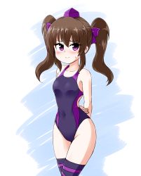 Rule 34 | 1girl, black one-piece swimsuit, black thighhighs, brown hair, competition swimsuit, embarrassed, hat, himekaidou hatate, kousei (public planet), long hair, one-piece swimsuit, purple eyes, solo, swimsuit, thighhighs, tokin hat, touhou, twintails