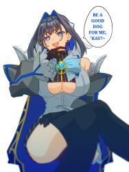Rule 34 | 1girl, :d, black gloves, black hair, black thighhighs, blue bow, blue cape, blue eyes, blue hair, blue ribbon, blush, bow, bow earrings, breasts, cape, chain, chain headband, cleavage cutout, clothing cutout, collar, colored inner hair, covering own mouth, crossed legs, detached sleeves, earrings, english text, fangs, gloves, hair between eyes, hair intakes, hand over own mouth, heart, highres, hololive, hololive english, jewelry, juliet sleeves, large breasts, long sleeves, looking at viewer, micro shorts, miniskirt, multicolored hair, ojou-sama pose, open mouth, ouro kronii, ouro kronii (1st costume), puffy sleeves, ribbon, shirt, short hair, shorts, sidelocks, simple background, sitting, skirt, sleeveless, sleeveless shirt, sleeveless turtleneck, smile, solo, speech bubble, teeth, thighhighs, turtleneck, two-tone hair, underboob, underboob cutout, veil, virtual youtuber, white background, yuutomeh