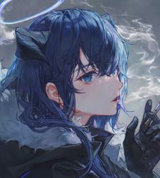 Rule 34 | 1girl, arknights, black coat, black gloves, blue eyes, blue hair, blue tongue, cigarette, coat, colored tongue, commentary, demon girl, demon horns, expressionless, eyelashes, fur-trimmed coat, fur trim, gloves, grey background, hair between eyes, halo, highres, holding, holding cigarette, hood, hooded coat, horns, lips, long hair, looking at viewer, maccha (mochancc), mostima (arknights), open mouth, portrait, simple background, smoking, solo, symbol-only commentary