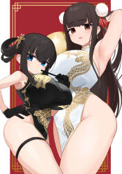 Rule 34 | 2girls, arm up, armpits, black dress, black gloves, black hair, blue eyes, breasts, brown eyes, brown hair, china dress, chinese clothes, closed mouth, dress, gloves, hair rings, hand on own hip, highres, huge breasts, large breasts, long hair, looking at viewer, multiple girls, omizu (h2o), open mouth, original, smile, standing, thick thighs, thighs, white dress