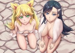 Rule 34 | 2girls, angry, areola slip, arm at side, arm under breasts, black hair, blonde hair, blue eyes, blush, breasts, breasts apart, burn the witch, censored, closed mouth, collarbone, colored eyelashes, commentary, curvy, english commentary, eyelashes, female pubic hair, from above, frown, full body, green eyes, hair over shoulder, hands on own thighs, highres, large breasts, long hair, looking at viewer, looking up, multiple girls, naked towel, niihashi noel, ninny spangcole, novelty censor, paid reward available, pubic hair, sakuya (liao kj), seiza, shiny skin, side-by-side, sitting, small breasts, soap, spiked hair, straight hair, swept bangs, thighs, towel, towel around neck, tsurime, twintails, two side up, upturned eyes, v-shaped eyebrows, very long hair