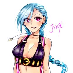 Rule 34 | 1girl, bare shoulders, blue hair, braid, breasts, cleavage, jinx (league of legends), league of legends, pink eyes, simple background, solo, tao tao mao, twin braids, white background