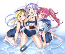 Rule 34 | 10s, 3girls, arm support, ass, barefoot, blonde hair, blue eyes, blue hair, blush, breasts, cleavage, curry, fang, feet, floating hair, food, full body, glasses, hair ribbon, hanging breasts, highres, i-168 (kancolle), i-19 (kancolle), i-8 (kancolle), kantai collection, kneeling, large breasts, looking at viewer, multiple girls, nishieda, no shoes, one-piece swimsuit, open mouth, pink eyes, plate, ponytail, red-framed eyewear, red hair, ribbon, school swimsuit, school uniform, serafuku, short sleeves, sitting, smile, soles, swimsuit, thighhighs, water, white legwear, yokozuwari