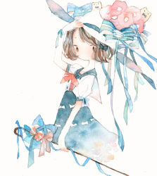 Rule 34 | 1girl, bad id, bad pixiv id, bow, brown eyes, brown hair, cane, dress, flower, hair ornament, hand on headwear, hat, hat bow, hat flower, no mouth, original, painting (medium), puffy short sleeves, puffy sleeves, sailor, sailor dress, sheep66, short hair, short sleeves, simple background, solo, traditional media, watercolor (medium), white background