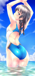 Rule 34 | 1girl, armpits, arms up, ass, bare shoulders, black eyes, black hair, braid, cloud, competition swimsuit, day, flat chest, grey eyes, highres, long hair, looking at viewer, looking back, nagayori, one-piece swimsuit, original, shiny skin, short hair, sky, solo, swimsuit, twin braids, water, wet