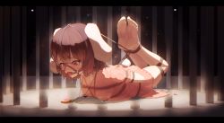 Rule 34 | 1girl, absurdres, animal ears, ball gag, barefoot, bdsm, blush, bondage, bound, brown hair, cage, carrot necklace, chinese commentary, commentary request, covered erect nipples, dress, feet, floppy ears, frilled dress, frilled sleeves, frills, full-face blush, full body, gag, hair between eyes, heart, heart-shaped pupils, highres, inaba tewi, jewelry, letterboxed, lunzi, lying, necklace, nipple stimulation, on stomach, pink dress, puffy short sleeves, puffy sleeves, rabbit ears, rabbit girl, rabbit tail, red eyes, restrained, ribbon-trimmed dress, saliva, sex toy, shibari, shibari over clothes, short hair, short sleeves, soles, solo, symbol-shaped pupils, tail, touhou, vibrator, vibrator on nipple, vibrator under clothes, wiffle gag