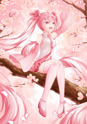 Rule 34 | 1girl, absurdres, ahoge, arm up, cherry blossoms, detached sleeves, hatsune miku, highres, ichigo mayonnaise, in tree, long hair, necktie, open mouth, pink eyes, pink hair, pink theme, sakura miku, sitting, sitting in tree, skirt, solo, thighhighs, tree, twintails, very long hair, vocaloid