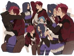 Rule 34 | 3girls, arcane: league of legends, arcane caitlyn, arcane jinx, arcane vi, arm around shoulder, blue hair, blush, caitlyn (league of legends), chibi, eye contact, facial tattoo, highres, hug, jacket, jinx (league of legends), kiss, league of legends, looking at another, monnbr, multiple girls, pants, pink hair, red jacket, smile, striped clothes, striped pants, tattoo, vi (league of legends), wrist wrap, yuri