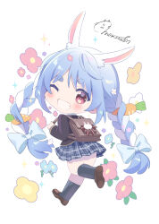 Rule 34 | 1girl, ;d, alternate costume, animal ears, backpack, bag, black jacket, black socks, blazer, blue hair, blue skirt, blush, braid, brown bag, carrot hair ornament, chibi, chibi only, commentary request, floral background, food-themed hair ornament, from behind, grin, hair ornament, highres, hololive, jacket, long hair, long sleeves, looking at viewer, miniskirt, momone cco, multicolored hair, one eye closed, open mouth, pleated skirt, rabbit-shaped pupils, rabbit ears, red eyes, school uniform, short eyebrows, signature, skirt, smile, socks, solo, swept bangs, symbol-shaped pupils, thick eyebrows, twin braids, twintails, two-tone hair, uniform, usada pekora, virtual youtuber, white hair