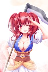 Rule 34 | 1girl, ;d, breasts, cleavage, collarbone, hair bobbles, hair ornament, highres, holding, holding scythe, long hair, looking at viewer, medium breasts, one eye closed, onozuka komachi, open mouth, red eyes, red hair, reimei (r758120518), salute, scythe, shiny skin, short sleeves, simple background, skirt, smile, solo, standing, touhou, twintails, white background, white skirt