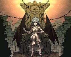 Rule 34 | 1girl, alternate costume, bare shoulders, barefoot, bat wings, blue hair, book, book stack, chain, crossed legs, dress, eye of providence, hexagram, looking at viewer, nail polish, no headwear, off-shoulder dress, off shoulder, pointy ears, red eyes, red nails, remilia scarlet, shaded face, short hair, shukusuri, sitting, solo, tattoo, throne, touhou, wings