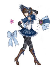 Rule 34 | 1girl, ;o, absurdres, black gloves, black pantyhose, blue bow, blue bowtie, blue hat, blue ribbon, bonnet, boots, bow, bowtie, breasts, brown eyes, brown footwear, brown hair, choker, cleavage, collarbone, dazzle (shinkonryu), dead or alive, dress, elbow gloves, footwear ribbon, gloves, hat, highres, kasumi (doa), knee boots, large breasts, looking at viewer, magical girl, one eye closed, open mouth, pantyhose, ponytail, ribbon, short sleeves, simple background, sketch, skirt, v over eye, white background