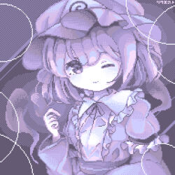 Rule 34 | 1girl, ;), absurdres, closed mouth, commentary request, hat, highres, japanese clothes, kimono, limited palette, long sleeves, looking at viewer, mob cap, omochinegi, one eye closed, pixel art, saigyouji yuyuko, short hair, signature, smile, solo, touhou, triangular headpiece, upper body