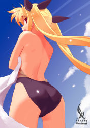 Rule 34 | 00s, 1girl, ass, back, blonde hair, casual one-piece swimsuit, cloud, contrail, day, fate testarossa, himukai kyousuke, looking back, lyrical nanoha, mahou shoujo lyrical nanoha, one-piece swimsuit, sky, solo, swimsuit, towel, twintails
