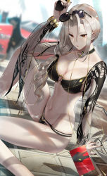 Rule 34 | 1girl, absurdres, bikini, black bikini, blurry, blurry background, bracelet, breasts, car, card, carmilla (fate), carmilla (swimsuit rider) (fate), carmilla (swimsuit rider) (third ascension) (fate), chain, choker, cleavage, curly hair, dog, eyewear on head, fate/grand order, fate (series), gun, handgun, highres, jewelry, large breasts, long hair, looking at viewer, motor vehicle, navel, parted bangs, parted lips, pistol, scottie (phantom2), side ponytail, silver hair, sitting, solo, sunglasses, swimsuit, thighs, weapon, yellow eyes