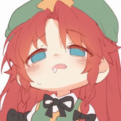 Rule 34 | 1girl, black bow, blue eyes, bow, braid, collared shirt, drooling, green hat, green tabard, hair bow, hat, hong meiling, liangyilin, long hair, looking at viewer, parted bangs, red hair, shirt, simple background, solo, star (symbol), tabard, touhou, twin braids, upper body, white background, white shirt