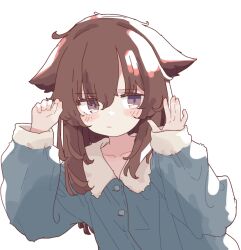 Rule 34 | 1girl, :|, aoi tori, averting eyes, blue shirt, blush, brown eyes, brown hair, closed mouth, collarbone, collared shirt, hair between eyes, hands up, long bangs, long hair, long sleeves, looking to the side, open hand, original, raika-chan (aoi tori), shirt, sideways glance, simple background, solo, straight hair, upper body, white background