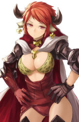 Rule 34 | 10s, 1girl, animal ears, animal print, armor, asymmetrical gloves, black gloves, bra, breasts, cape, cleavage, cow ears, cow horns, cowboy shot, cross, cross earrings, draph, earrings, gloves, granblue fantasy, hands on own hips, head tilt, horns, jewelry, kurione (zassou), large breasts, leopard print, looking at viewer, mismatched gloves, pauldrons, red eyes, red gloves, red hair, short hair, shoulder armor, simple background, solo, standing, sturm (granblue fantasy), underwear, white background