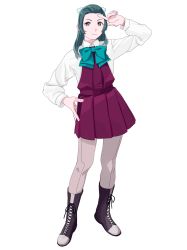 Rule 34 | 1girl, absurdres, blue neckwear, boots, contrapposto, cross-laced footwear, dress, dress shirt, full body, green eyes, green hair, grey pantyhose, hair ribbon, hand on own hip, highres, index finger raised, kantai collection, lace-up boots, long hair, long sleeves, looking at viewer, ojipon, pantyhose, pleated dress, purple dress, ribbon, school uniform, shirt, simple background, solo, suzunami (kancolle), white background, white shirt