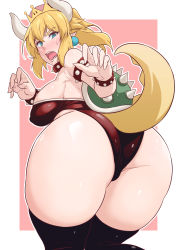 Rule 34 | 1girl, ankoman, ass, blonde hair, blue eyes, blush, bowsette, breasts, crown, curvy, earrings, from behind, highres, hip focus, horns, huge ass, jewelry, large breasts, leotard, looking at viewer, looking back, mario (series), new super mario bros. u deluxe, nintendo, open mouth, paw pose, pointy ears, ponytail, sharp teeth, shell, sideboob, solo, super crown, sweatdrop, tail, teeth, thick thighs, thighhighs, thighs, tongue, wide hips
